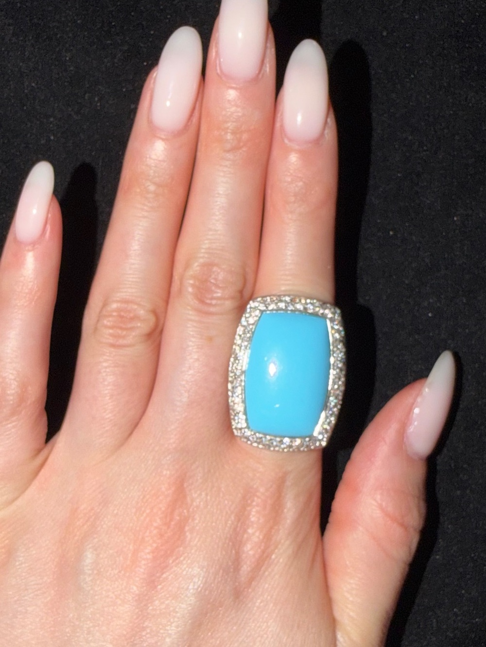 Fashion Jewelry Turquoise Blue Cushion Ring with Crystal Halo